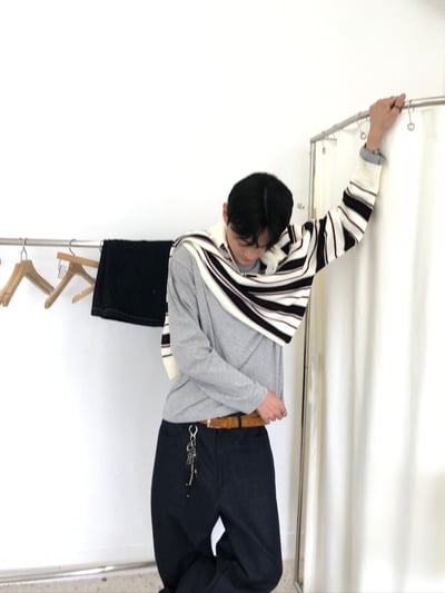 秋冬高檔 撞色條紋 立挺 短版 開領針織 長袖 - 3C19