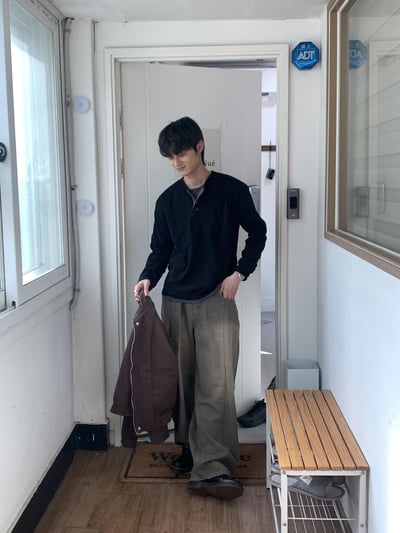 休閒亨利領 懶人層疊配色 素面 薄長袖 - 4C17