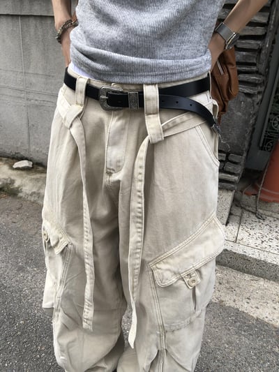 極致街頭 掛繩造型 工裝口袋 立體抓皺 寬鬆長褲 - 3C13