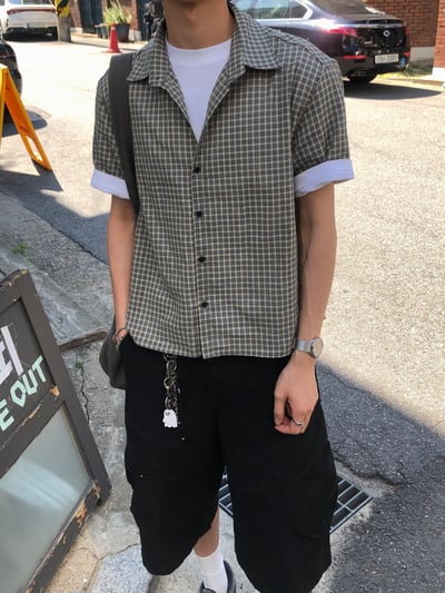 酷夏薄款 街頭高質感 細格紋 短版 短袖襯衫 - 2C12