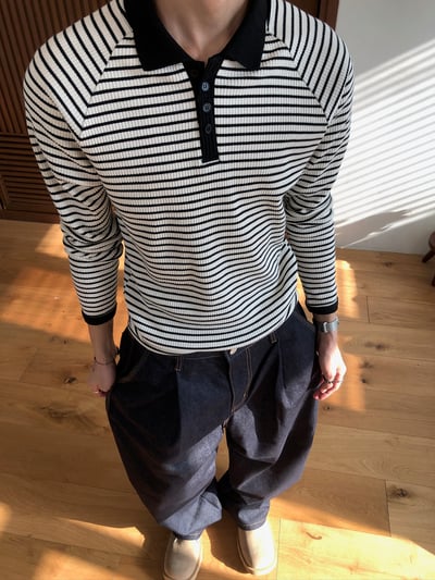 經典條紋 亨利領 修身版型 翻領 貼身 長袖 - 3C5