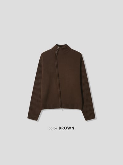 半高領 斜拉鏈 修身流水線 針織外套 - 4C20