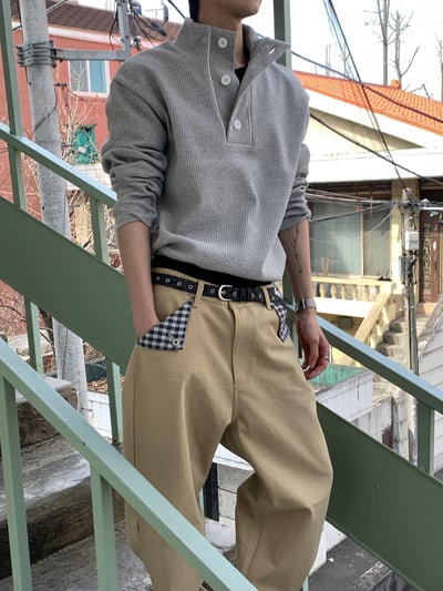 半高開V領 鈕扣 短版 華夫格 指套 薄長袖 - 3C13