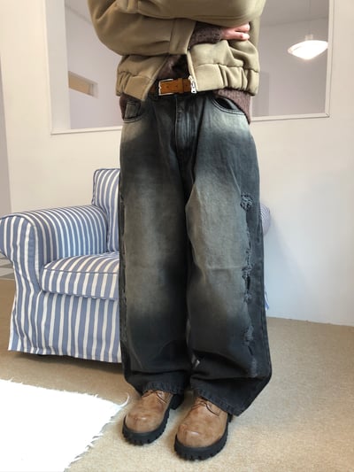 微妙復古 漸層水洗 破壞 牛仔 寬褲 - 2C2