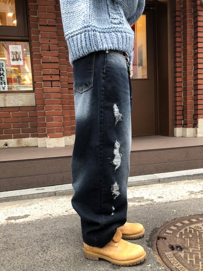 微妙復古 漸層水洗 破壞 牛仔 寬褲 - 2C11