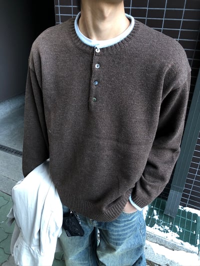 層疊配色 亨利領 寬鬆 毛衣 - 4C15