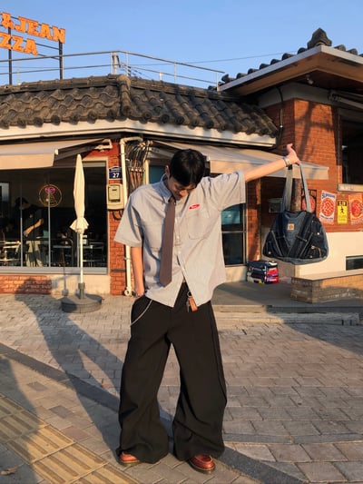 Peace 極簡主義 細條紋 短袖 牛仔襯衫 (set - up) - 2C10