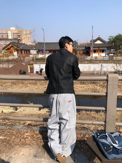 Peace 極簡主義 細條紋 工裝 牛仔寬褲 (set - up) - 2C18