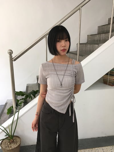夏季薄紗 透視唯美 抽繩 針織 短袖 - 4C6