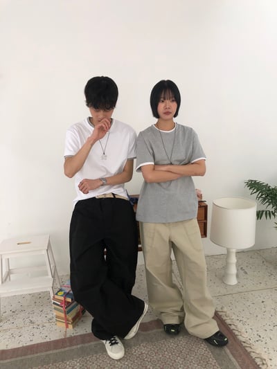 方形縫線 完美腿型 牛津布 寬版 長褲 - 3C6