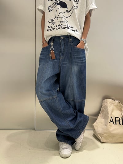 (藍色Ｍ號) (UNISEX) 十字縫線 側腰扣 亞麻牛仔褲 - 2C12