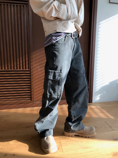 雙膝抓皺 線條結構 直筒寬版 工裝褲 - 2C11