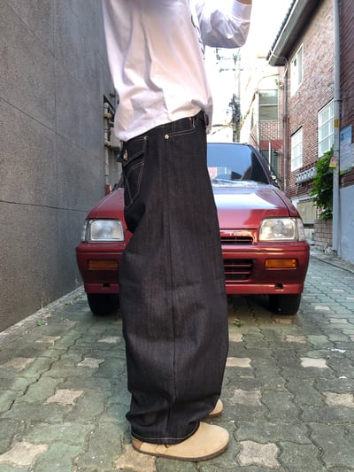 背影殺手 高檔縫線 鬆緊帶 寬版 牛仔長褲 - 3C14