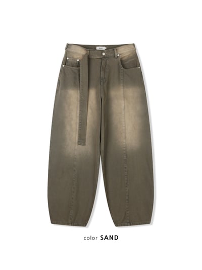 中央割線 水洗 寬鬆 假皮帶 牛仔長褲 - 2C21
