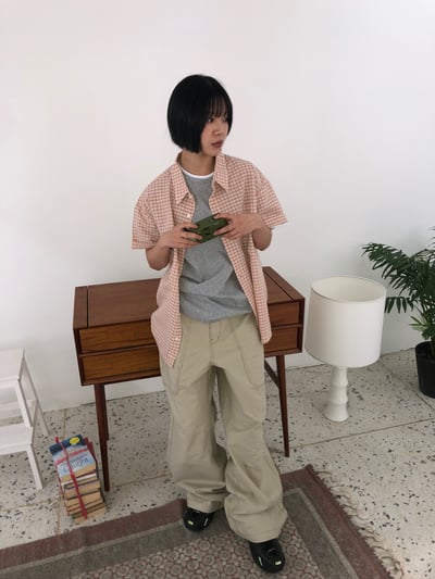 方形縫線 完美腿型 牛津布 寬版 長褲 - 3C7