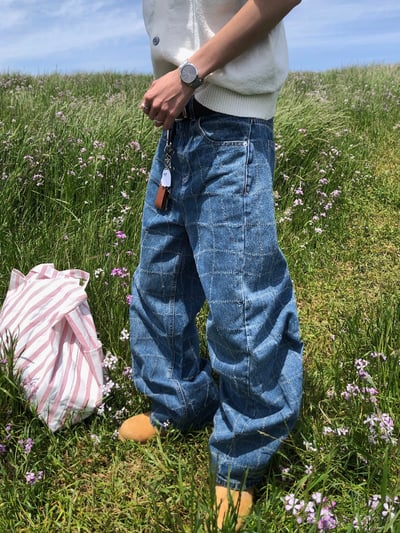 Baggy 牛津街頭 水波格紋 牛仔寬褲 - 1C15