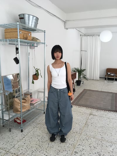 歐美經典 街頭工裝 細條紋 貼布 薄寬褲 - 2C14