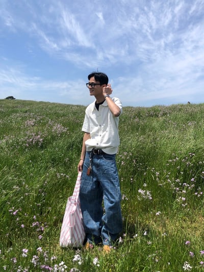 Baggy 牛津街頭 水波格紋 牛仔寬褲 - 1C21