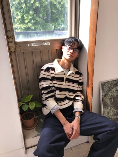 秋冬高檔 撞色條紋 立挺 短版 開領針織 長袖 - 3C14