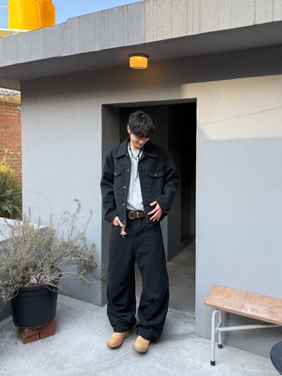 文藝鈕扣 降落傘抓皺 寬版 鬆緊帶 牛仔褲 (set-up) - 2C13