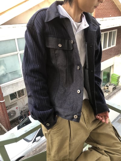 獨特肩部針織 牛仔 微短版 機車夾克 - 2C21