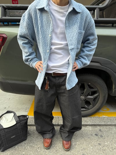 歐美街頭指標 高級補丁 工裝 牛仔條文寬褲 - 1C9