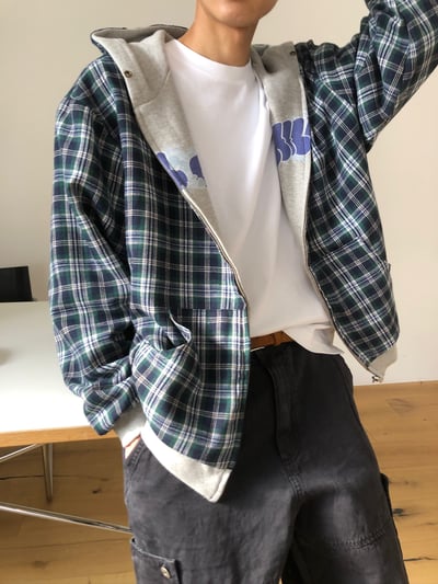 美式潑漆感 復古格紋 雙面連帽外套 - 2C12