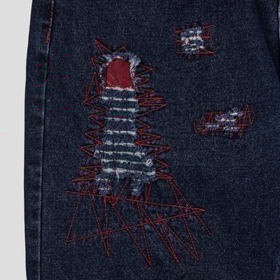 美式街頭 紅色警戒 破壞 直筒 微寬版 牛仔褲 - 1C17