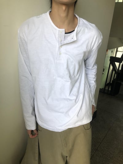 休閒亨利領 懶人層疊配色 素面 薄長袖 - 4C3