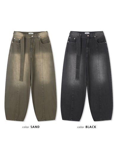 中央割線 水洗 寬鬆 假皮帶 牛仔長褲 - 2C22