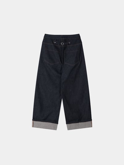 東京小夥 反折褲管 條紋結構 原牛寬褲 - 2C16