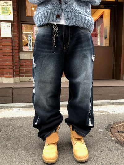 微妙復古 漸層水洗 破壞 牛仔 寬褲 - 2C13