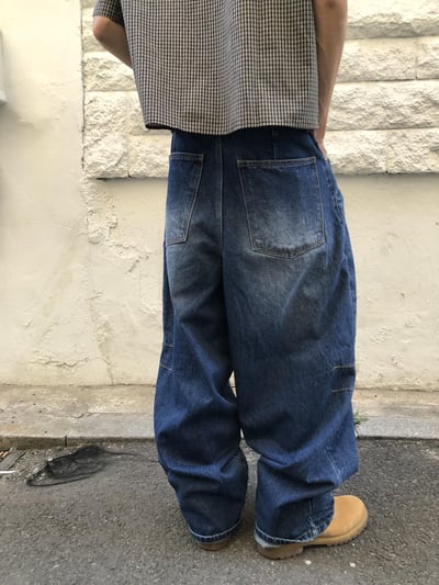 高檔街頭 飛刀縫線 漸層水洗 寬版 牛仔 長褲 - 2C3