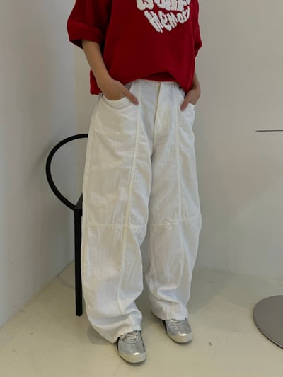 (藍色Ｍ號) (UNISEX) 十字縫線 側腰扣 亞麻牛仔褲 - 2C3