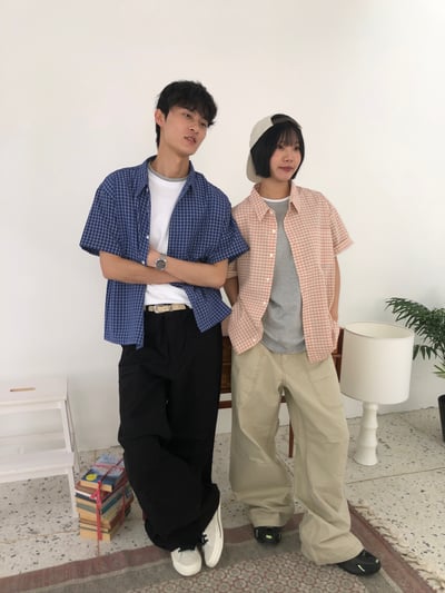 多巴安配色 涼感短版 格紋 短袖襯衫 - 2C4