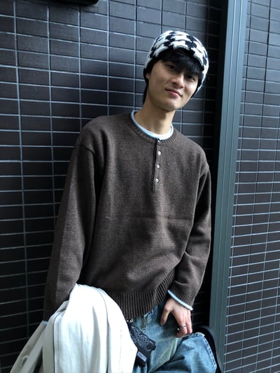 層疊配色 亨利領 寬鬆 毛衣 - 4C5