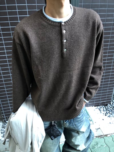 層疊配色 亨利領 寬鬆 毛衣 - 4C1