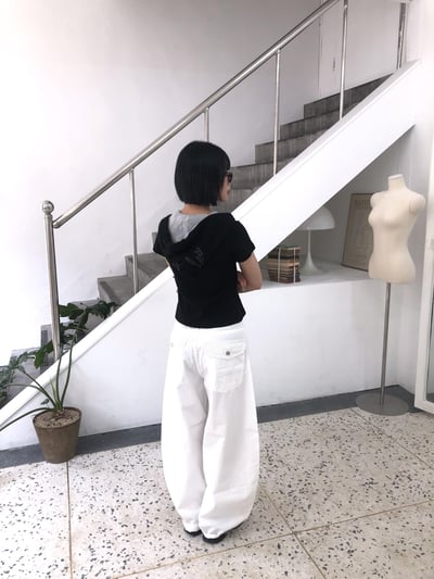 韓女經典氛圍 局部細節點綴 彎刀寬版 長褲 - 3C9