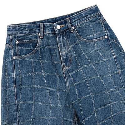 Baggy 牛津街頭 水波格紋 牛仔寬褲 - 1C24