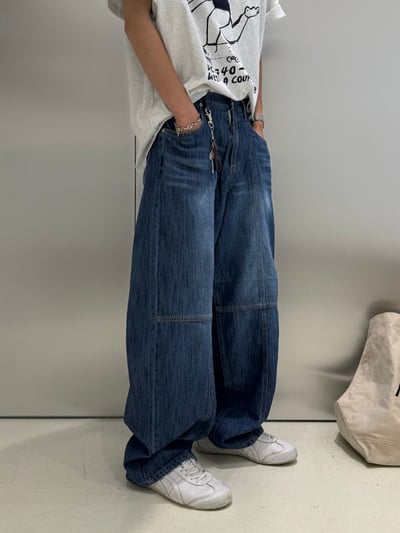 (藍色Ｍ號) (UNISEX) 十字縫線 側腰扣 亞麻牛仔褲 - 2C1