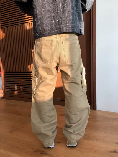 雙膝抓皺 線條結構 直筒寬版 工裝褲 - 2C4