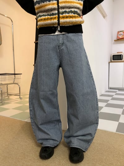 經典百搭 細條紋 修身顯高 牛仔寬褲 - 2C2