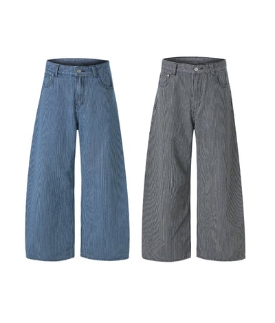 經典百搭 細條紋 修身顯高 牛仔寬褲 - 2C23