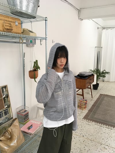 條紋針織 涼爽短版 夏季寬鬆 連帽外套 - 4C20