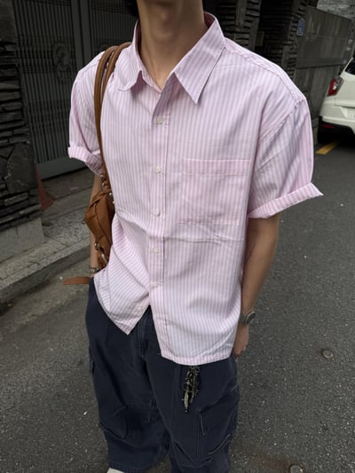 休閒高級感 潮流配色 顯肩寬 細條紋 短袖 襯衫 - 3C16