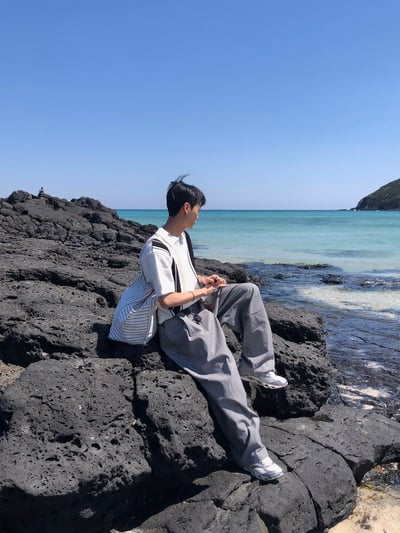 Lanson 俐落剪裁 抓皺割線 細條紋 寬褲 - 2C4