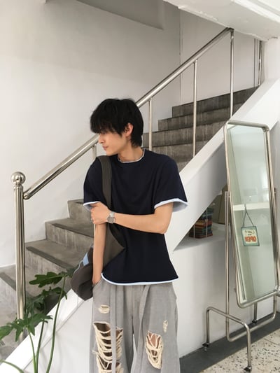 不規則收邊 假兩件 短版 素面短袖 - 5C3
