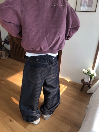 東京小夥 反折褲管 條紋結構 原牛寬褲 - 2C12