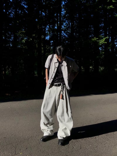 Lanson 俐落剪裁 抓皺割線 細條紋 寬褲 - 2C19