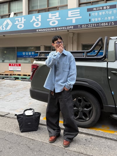 歐美街頭指標 高級補丁 工裝 牛仔條文寬褲 - 1C4